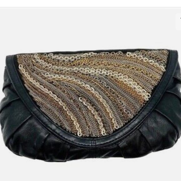 Rafe Black Flap Leather Clutch, metal design in gold & silver chains, - Picture 1 of 12